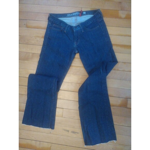 Guess Womens Foxy Flare Front Dip Distressed Hem Dark Blue Jeans Size 27 Small - Picture 1 of 8